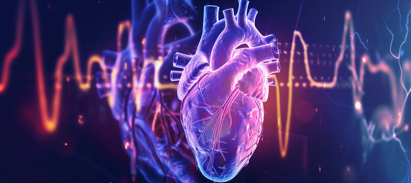 3D model of human heart, holographic image of heart rhythm on heart background, heartbeat rhythm