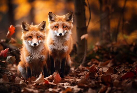 couple de renard roux dans la for&ecirc;t c&ocirc;te &agrave; c&ocirc;te face &agrave; l'objectif dans les feuilles automnales. Fond avec for&ecirc;t flout&eacute;e espace n&eacute;gatif copyspace
