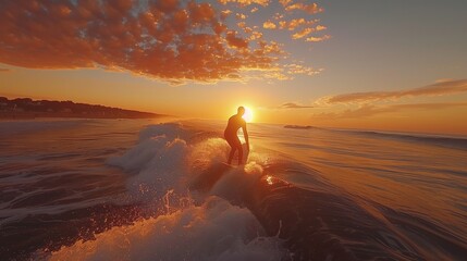 Silhouetted Surfer Riding Wave at Golden Sunrise - obrazy, fototapety, plakaty