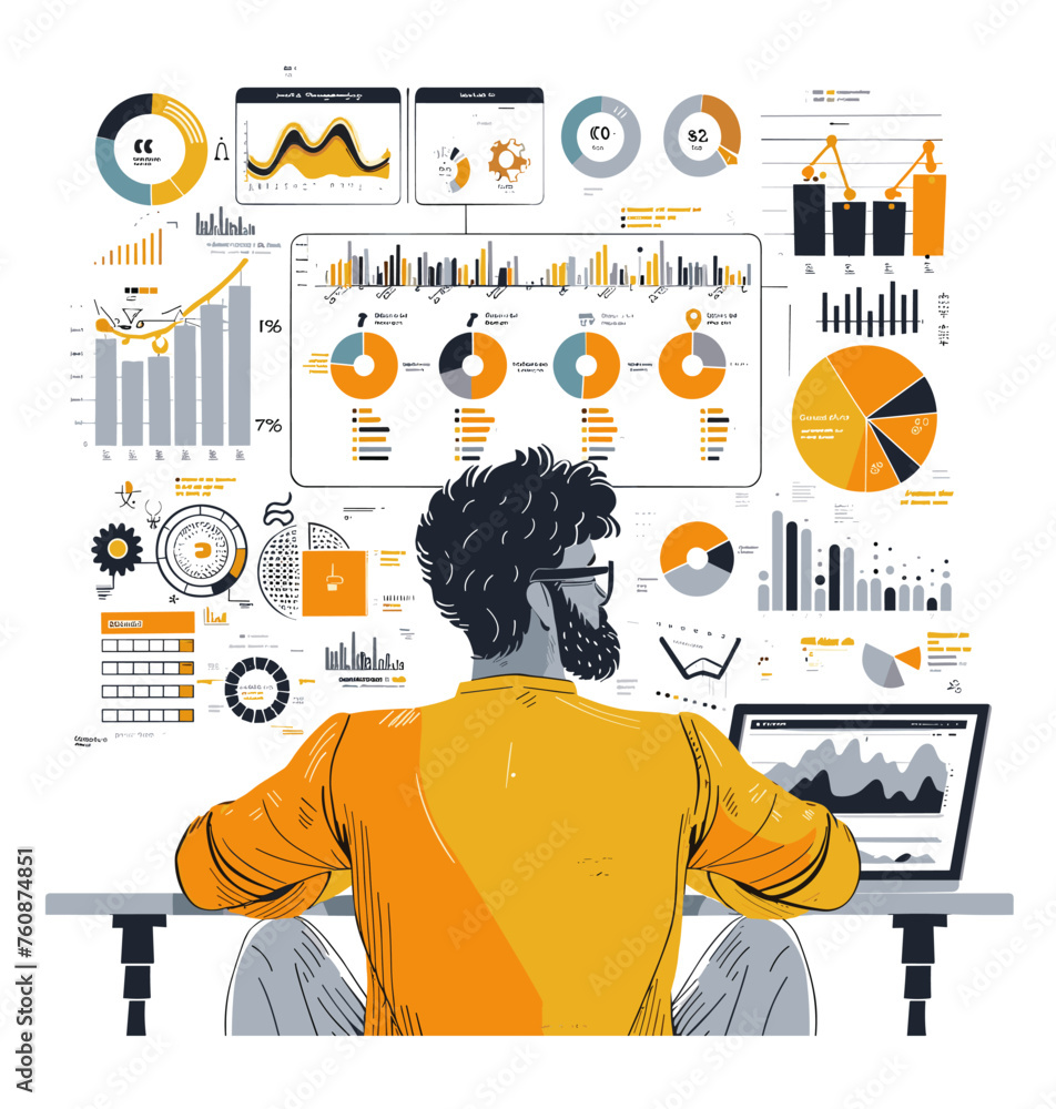 Poster man data analyst stylized cartoon vector concept. infographic charts big data back view bearded tabl