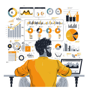 Man data analyst stylized cartoon vector concept. Infographic charts big data back view bearded table sitting laptop character working with information colored illustration