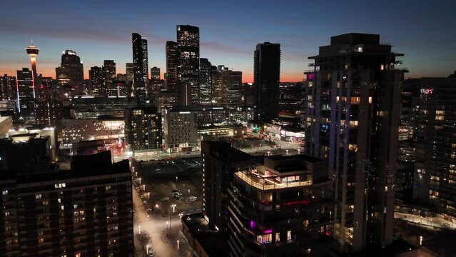 Aerial view of Calgary's urban city centre at sunset. 