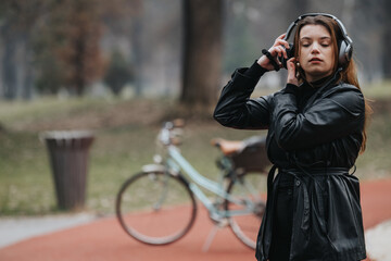 Elegant young woman enjoying music outdoors with headphones, displaying confidence and style.