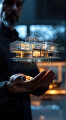 Fototapeta na wymiar Businessman on blurred background holding and touching holographic digital house. Technology and architecture concept