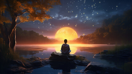 Silhouette of a young boy meditating at night at the lakeshore, sitting near water in a magical landscape filled with stars, golden light and sparkles, watching the moon rise. Spiritual practice. - obrazy, fototapety, plakaty