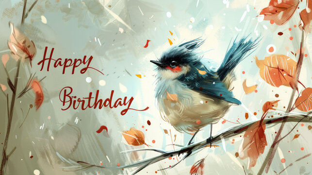 Artistic birthday card with a painted bird and 'Happy Birthday' script.