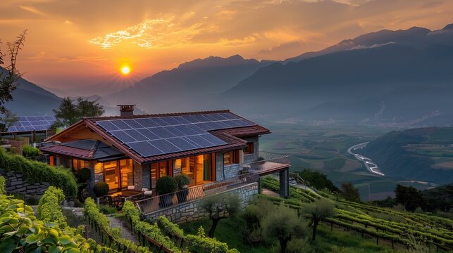 Solar panels installed on the roof of a modern house