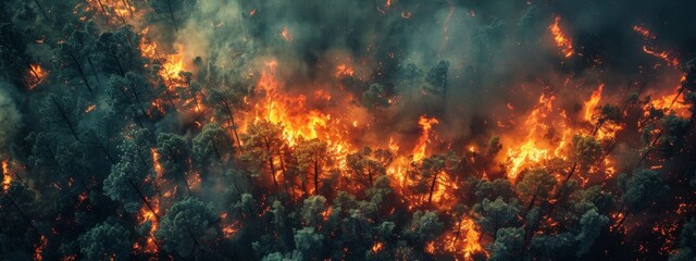  Intense wildfire consuming a forest, with dense smoke and bright flames. - obrazy, fototapety, plakaty