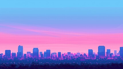 Skyline silhouette of a city during twilight with vibrant pink and blue hues.