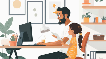  Father and daughter working on a computer in a home office, depicting family and technology.