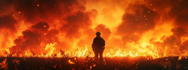 Silhouette of a firefighter against raging wildfire, symbolizing bravery and danger. - obrazy, fototapety, plakaty