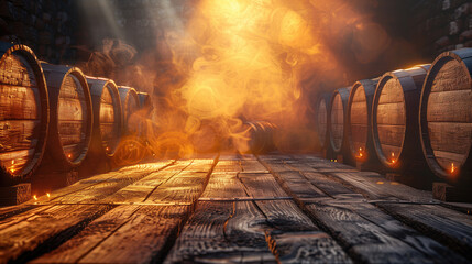 Golden light filters through a hazy wine cellar, illuminating rows of oak barrels. - obrazy, fototapety, plakaty