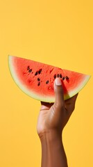 Juicy Delight: Chic Hand Presenting Watermelon Slice on Sunny Yellow