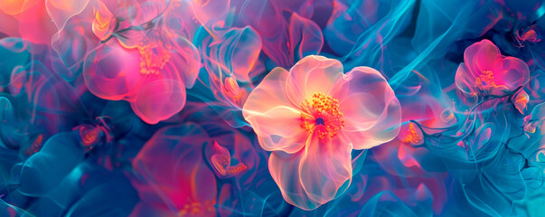 A painting depicting delicate pink and blue flowers blooming vibrantly against. The petals are intricately detailed with shades of pink and blue, creating a soothing aesthetic. Banner. Copy space