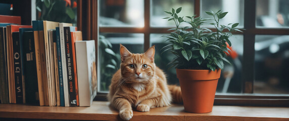 Ginger cat resting behind books beside a lush potted plant on a windowsill.  Intellectual pet and cozy reading concept. Banner for World Book Day event with copy space. 