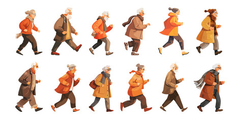 Running elderly people cartoon vector set. Old bearded glasses man woman characters coat jacket accessories active dynamic poses color illustrations isolated on white background