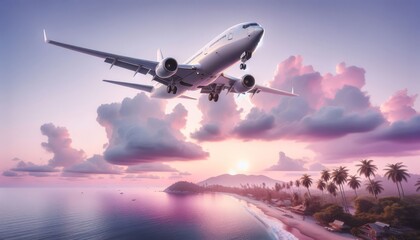 A picturesque view of a flying Airplane over a tropical beach with palm trees, houses against the backdrop of a gentle pink sunrise. Air travel with a travel agency to an exotic country on vacation - obrazy, fototapety, plakaty