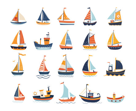Sailing yachts doodle vector set. Marine ships schooners vehicles boats simple design illustrations isolated on white background