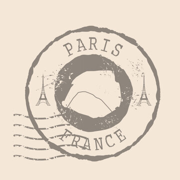 Stamp Postal of Paris. Map Silhouette rubber Seal.  Design Retro Travel. Seal  Map of Paris is capital of  France grunge  for your design.  EPS10