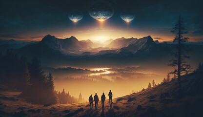 Four people observing mysterious glowing spheres in the sky in a valley at sunset. Large spherical UFOs floating over mountains. Close encounter, contact with extraterrestrial beings. - obrazy, fototapety, plakaty