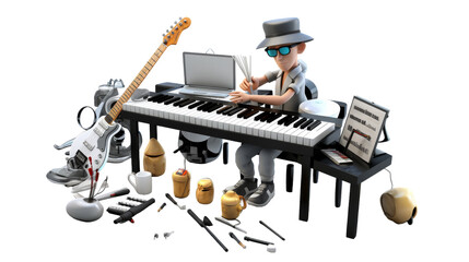 A man sits at a piano surrounded by a keyboard and various musical instruments
