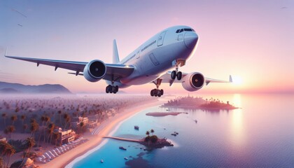 Fototapeta na wymiar A picturesque view of a flying Airplane over a tropical beach with palm trees, houses against the backdrop of a gentle pink sunrise. Air travel with a travel agency to an exotic country on vacation