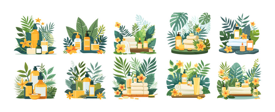 Spa accessories cartoon vector set. Oils creams candles flower buds ointments towels, flora flower elements relaxation concepts isolated on white background