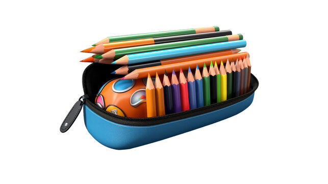 A vibrant blue case overflows with a multitude of colorful pencils