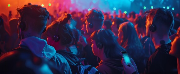 disco club people in headphones dancing - obrazy, fototapety, plakaty