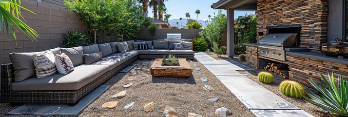 Contemporary backyard with lush greenery, stone patio and stylish outdoor furniture for entertaining. - obrazy, fototapety, plakaty