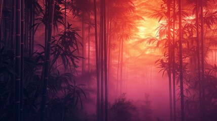 Mystical Bamboo Forest In Hazy Sunset Light, Ethereal Nature Scene: Enchanting Tranquility, Serene Atmosphere, Nature's Mystique, Tranquil Beauty