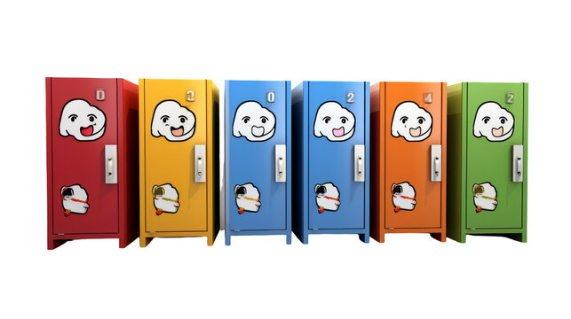 Row of vibrant lockers decorated with cute cartoon faces in a playful and imaginative display