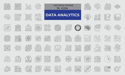 76 Stroke Icons for Data Analytics set in line style. Excellent icons collection. Vector illustration.