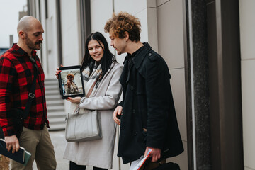 A group of business associates convenes outside for a meeting, using a tablet to review concepts.