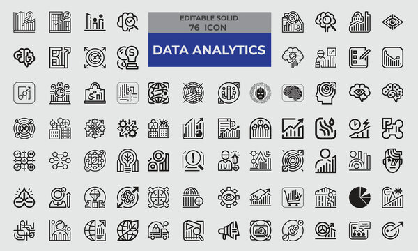 76 Solid Icons for Data Analytics set in fill style. Excellent icons collection. Vector illustration. 