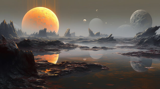 Primordial alien world with dark rocky terrain, shallow lakes, and a large orange moon reflecting in water. Gloomy, uninhabited exoplanet. Exploration of the universe.