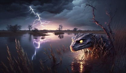 Scary reptilian creature with glowing yellow eyes, emerging from water. Lightning reflecting in a dark lake. Thunderstorm on an eerie alien planet. Extraterrestrial world. - obrazy, fototapety, plakaty