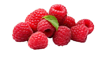 Juicy raspberries stacked on each other, topped with fresh green leaves