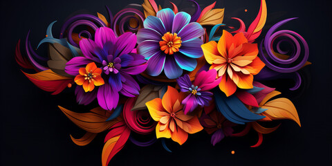 Colorful abstract flowers on dark background.