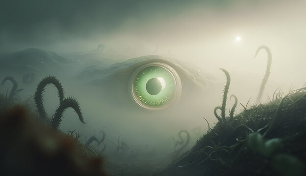 Glowing green eye of a mysterious creature hiding in the fog. Sentient plants with tentacles growing on misty green hills. Strange extraterrestrial landscape. Alien wildlife.