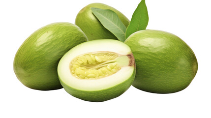 A vibrant group of green fruits with leaves, creating a harmonious composition on a clean white background