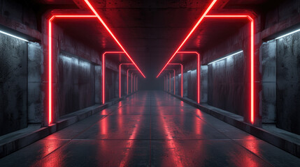 Futuristic concrete tunnel with red led neon light, abstract underground garage background. Theme...