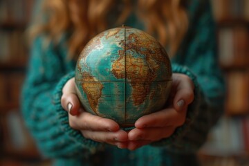 Portrait of a sad worried young woman holding geographic globe of the world in her hands. Travel destination and planet protection concept. refugees. immigration concept