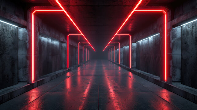 Futuristic concrete tunnel with red led neon light, abstract underground garage background. Theme of corridor, warehouse, dark room, interior, future, technology