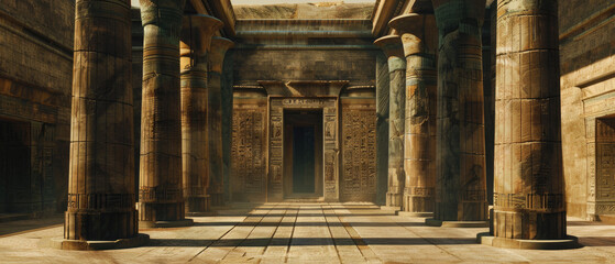 Ancient Egyptian temple interior, luxury columns of old stone building in Egypt. Theme of pharaoh, civilization, travel, tomb