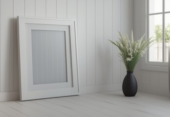 A White Frame Mockup Leaning Against A White Wall With A Sunny Window