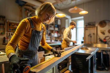 Fototapeta na wymiar Focused craftswoman carpenter measuring wooden plank with tape measure, making marks in carpentry workshop with colleague on background. Female woodworker in apron working with lumber. Woodwork, DIY.