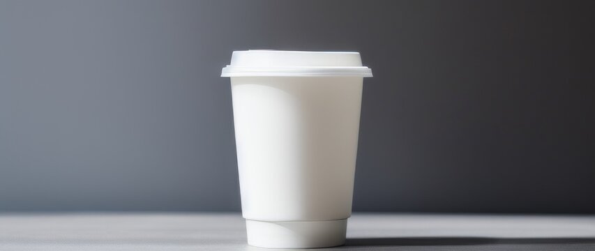  A white porcelain coffee cup with a matching lid is placed on a table along with other drinkware and serveware items