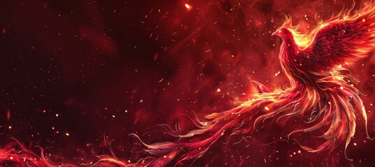 Majestic flaming phoenix firebird in fiery surroundings with ample space for text placement