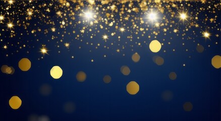 Abstract glitter lights background in blue, gold and black colors. Blurred bokeh effect. Elegant and festive design for banner, poster, invitation, card or wallpaper